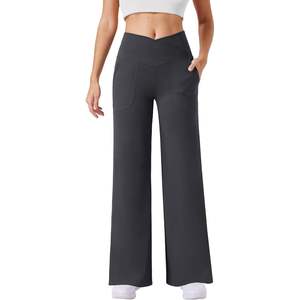 2025 pantalones de Yoga cruzados de cintura alta de pierna ancha XXL para mujer, pantalones de salón informales de trabajo de Spandex/nailon con bolsillos - Product Image 1
