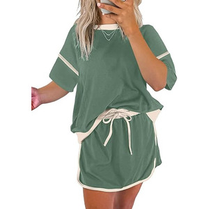 Conjunto de Pijama Casual de 2 Piezas para Mujer, Transpirable, para Estar en Casa, con Top de Cuello Redondo, Pantalones Cortos con Cintura Ajustable y Manga Corta - Product Image 1
