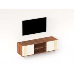 Meuble TV Harmond Walnut & Frosty pour salon avec étagères de rangement ouvertes et fermées - Product Image 2
