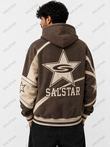 Sweat-shirt à capuche vintage marron pour homme, veste zippée, streetwear premium avec empiècements contrastés, logo personnalisé - Product Image 2
