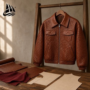Blouson aviateur en cuir PU marron pour homme, col rabattu, fermeture éclair, décontracté, coupe-vent, motif tissé gaufré, automne - Product Image 2