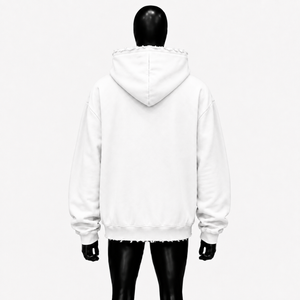 Sudadera con capucha blanca extragrande con cremallera completa, estampado de estrella roja y borde desgastado, estilo streetwear unisex de ajuste holgado - Product Image 2