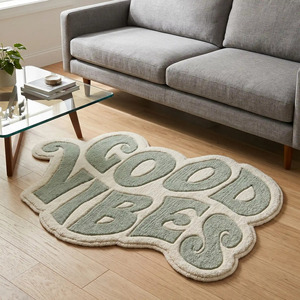 Alfombra de Lana Hecha a Mano con Tipografía Premium Good Vibes, Antideslizante, Color Verde Salvia, Diseño Moderno, Suave, para Decoración de Sala de Estar y Dormitorio - Product Image 4