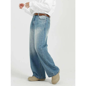 Pantalones vaqueros de hombre de pierna ancha, lavado a la piedra, cintura media, corte holgado, talla grande, casuales, de algodón, con cierre de botón, color liso, estilo tejido. - Product Image 4