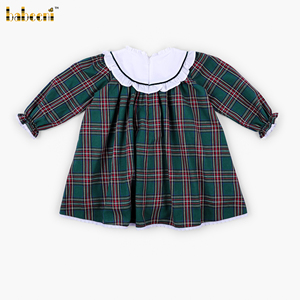 Robe pour filles en velours à carreaux verts avec col et bordure brodée contrastée, 100% coton respirant et écologique, ODM-DR4618 - Product Image 5