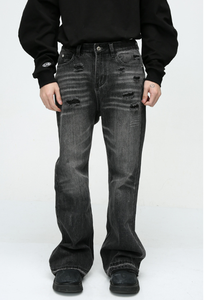 Jean droit évasé taille haute pour homme, style vintage, grandes tailles, avec denim délavé et ourlet effiloché pour un look audacieux - Product Image 4
