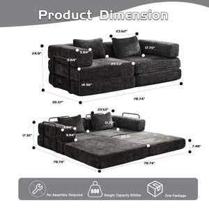 Divano componibile modulare con struttura in metallo, divanetto a due posti trasformabile in letto a terra, divano a forma fissa senza telaio - Nessun assemblaggio richiesto - Product Image 4