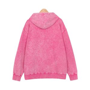 Pink Oversized <b>Zip</b>-Up <b>Hoodie</b> Unisex Casual Washed French Terry Sweatshirt Regular Fit Solid Color <b>Pocket</b> Design - Product Image 3