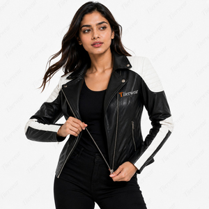 Veste moto en cuir véritable pour femme Tlierwear, noir et blanc contrasté, fermeture éclair sur le devant, col rabattu, manches longues, style automne - Product Image 3