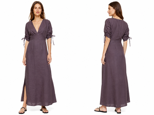Boutique Quality Linen Maxi Dress Deep V Neck <b>Three</b> Quarter Sleeve Slit Front Regular Bohemian Eco-Friendly Straight Silhouette - Product Image 1