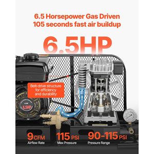 Compressore d'aria a benzina a doppio serbatoio da 9 galloni, 6.5HP 9CFM, con pompa a pistone e ruote, pressione massima 115PSI - Product Image 2