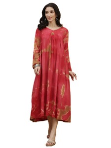 Vestido Casual de Rayón con Estampado Tie-Dye Rojo Hecho a Mano para Mujer, Estilo Línea A, Ligero y Transpirable, Ideal para Uso Diario y Fiestas - Product Image 1