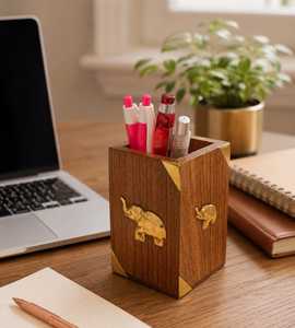 Organisateur de bureau en bois, forme rectangulaire, avec motif éléphant, support de rangement fait main pour usage au bureau, type sur pied, à un seul niveau - Product Image 1