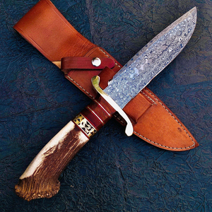 มีดสั้นเหล็กดามัสกัสทรงตรงสำหรับล่าสัตว์ คุณภาพอุตสาหกรรม ด้ามทำจากเขากวาง พร้อมปลอกหนัง แบบพกพา สำหรับใช้งานทางยุทธวิธี (OEM) - Product Image 2