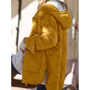 <b>Women's</b> <b>Mustard</b> Quilted Puffer Jacket Full Sleeve Stand Collar Zipper Closure Thick Warm Winter Outerwear Solid Color Casual - Product Image 3
