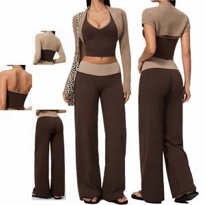 Conjunto de yoga de 3 piezas para mujer con cintura doble: pantalones de pierna ancha, top corto halter y bolero de manga larga - Product Image 2