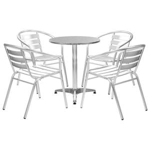 Juego de comedor mediano de aluminio plateado de 5 piezas, muebles apilables para patio - Product Image 1