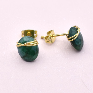 <b>Emerald</b> Gemstone <b>Stud</b> Earrings | Wire Wrapped Oval Green Stone 8–10mm | May Birthstone Gift - Product Image 3