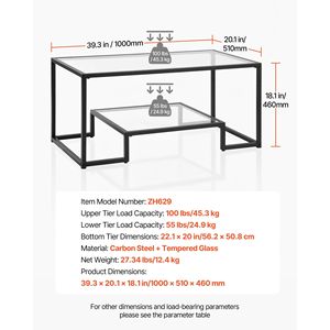 Tavolino da Caffè Moderno a 2 Ripiani in Vetro Temperato con Vano Portaoggetti Aperto, Scrivania Centrale Rettangolare in Metallo Robusto e Minimalista per Casa o Ufficio - Product Image 3