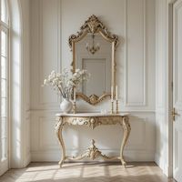 Ensemble console et miroir en bois massif doré orné, avec sculptures complexes de style rococo, design élancé et courbé, convertible et extensible pour salon