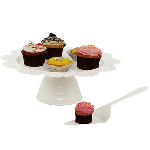 Elegant <b>White</b> Round <b>Cake</b> Display <b>Stand</b> Decorative Metal Pedestal with Floral Border for Premium Dessert Presentation and Home - Product Image 3