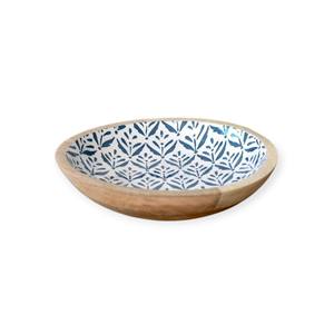 Handcrafted Wooden Serving <b>Bowl</b> with <b>Blue</b> Leaf Enamel Pattern for Modern Dining Table and Natural Home Decor Style Aura - Product Image 1