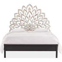 Cabecero de Cama Artesanal de Madera Tallada con Diseño de Flor de Loto y Media Luna, Acabado Blanqueado, Iluminado y de Altura Ajustable, Estilo Antiguo para el Hogar