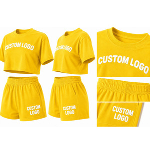 Custom Logo Women's <b>Crop</b> <b>Top</b> & Shorts Set <b>Yellow</b> Casual Summer Outfit Loose Fit Jersey Fabric Heat Transfer Printing - Product Image 5