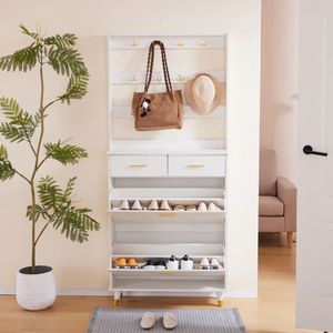 White Entryway Bedroom Armoire with Hanging Rod Shoe Cabinet and Wardrobe Closet Drawers Shelves Handles Portable Wardrobes - Product Image 2