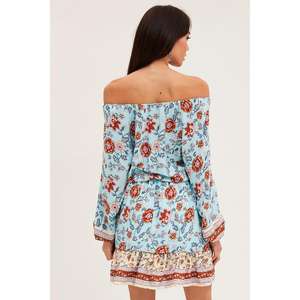 Vestido mini bohemio con estampado floral y hombros descubiertos para mujer, vestido informal de verano de manga larga para la playa - Product Image 4