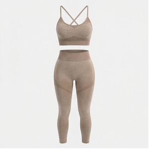 Ensemble de yoga 2 pièces : Leggings taille haute et crop top à bretelles croisées, beige uni, respirant, sans coutures, vêtements de sport - Product Image 1
