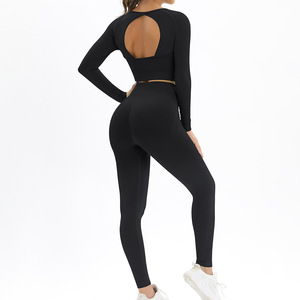 Ensemble de yoga pour femme, effet seconde peau, uni, respirant, léger, avec logo frontal, manches longues et legging taille haute, vêtements de sport pour femme - Product Image 2