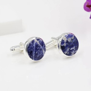Gemelos de Sodalita con Corte Brillante y Engaste de Bisel, Plata de Ley 925, Gema de Lujo, 10 Gramos, Regalo para Hombre, Novio, Padrino de Boda, Novio, Mejor Amigo - Product Image 1