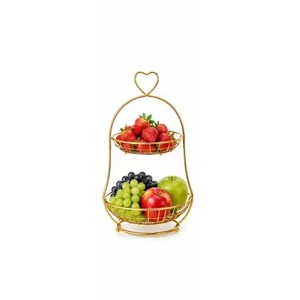 Panier à fruits en fil métallique noir à 2 niveaux, le plus vendu, avec support de bol en fil métallique à motifs pour cuisine, garde-manger, table - Product Image 2