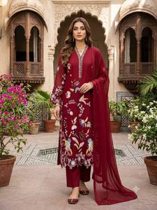 Ensemble ethnique indien/pakistanaise brodé rouge pour femme, tunique longue, pantalon palazzo, dupatta transparent, motif floral, séchage rapide, robe toutes saisons - Product Image 2