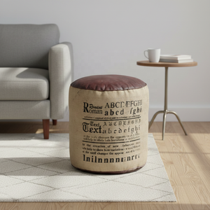 Pouf cylindrique vintage en toile de jute avec dessus en cuir marron, fait main, repose-pieds ottoman, style mid-century moderne, confortable, 45x50cm - Product Image 1