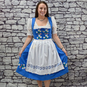 Traditional Blue White Dirndl <b>Dress</b> With Floral Embroidery A-Line Midi Length Short Sleeve Square Neckline Casual Wear - Product Image 1