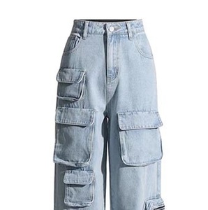 Pantalon cargo en jean taille haute pour femme, coupe ample, longueur intégrale, avec plusieurs poches, style décontracté, idéal pour le printemps - Product Image 3