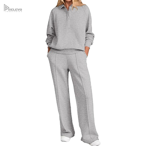 OEM Wholesale Autumn Winter Women Clothing Set Button Polo Neck Long Sleeve Pullover Tops and Wide Leg Sweatpants 2 Piece Lounge - Product Image 2