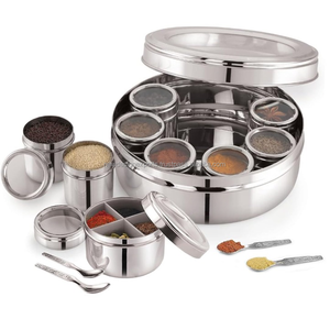 Conteneur à épices indien moderne pour la cuisine - Boîte à masala en acier inoxydable hermétique avec cuillères - Product Image 3