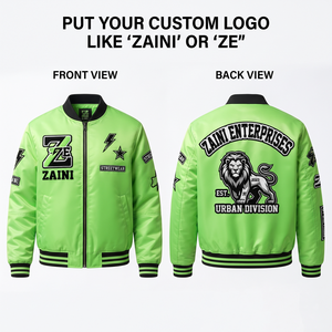 Chaqueta Bomber Varsity Unisex de Poliéster Satinado Premium de 320 GSM, Resistente al Viento, Verde Neón y Negro, con Logotipo Bordado en Chenilla Personalizado - Product Image 1