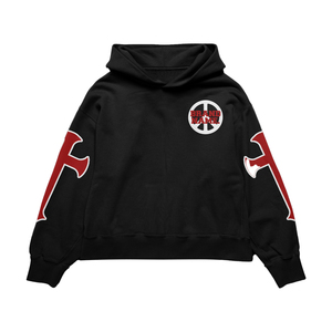Sweat-shirt à capuche noir pour homme, masque de ski, coupe oversize, streetwear, imprimé, accents rouges sur les manches, logo avant, 100 % coton, hiver - Product Image 2