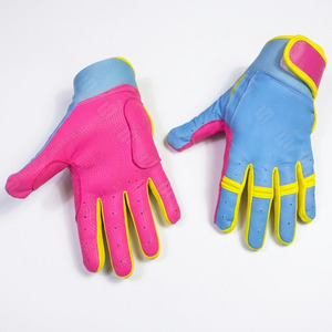 Guantes de bateo de béisbol y softbol de cuero genuino de alta calidad, puño corto, guantes de bateo de béisbol de Color azul rosa y amarillo - Product Image 1