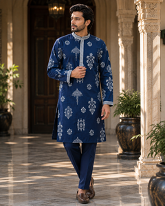 Mens Ethnic Blue Printed Cotton Kurta Pajama <b>Set</b> Embroidered Neck Indian Traditional Festival Outfit Wholesale Supplier B2B - Product Image 1