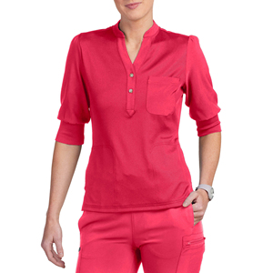Haut d'uniforme médical pour femme en tissu extensible, col côtelé, 3 poches, manches mi-ballon, couleur Tea Berry, qualité supérieure - Product Image 1