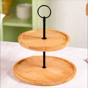 Soporte de Pastel de Bambú de 2 Niveles de Lujo con Asa de Metal Negro, Bandeja para Exhibición de Postres, Decoración para Bodas y Fiestas - Product Image 1