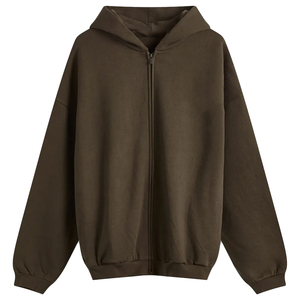 Modern Minimalist Plain Heavyweight Full Zip Hoodie <b>Men</b> Split Front <b>Pouch</b> Pocket Ribbed Hem Elastic Cuffs - Product Image 2