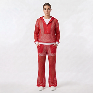 Conjunto de chándal de malla transparente para mujer con sudadera con botones y pantalones acampanados, ideal para discoteca de verano - Product Image 5