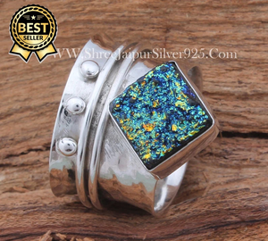 Handmade 925 Sterling Silver Vintage Boho Style Unisex Wedding Ring Solid Cushion Spinner for Anxiety <b>Relief</b> Parties (Customized - Product Image 1