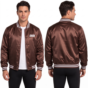 Veste en satin or champagne avec fermeture à boutons-pression, offrant une brillance soyeuse, col et poignets rayés blancs, et possibilité de commande en gros personnalisée (OEM). - Product Image 4
